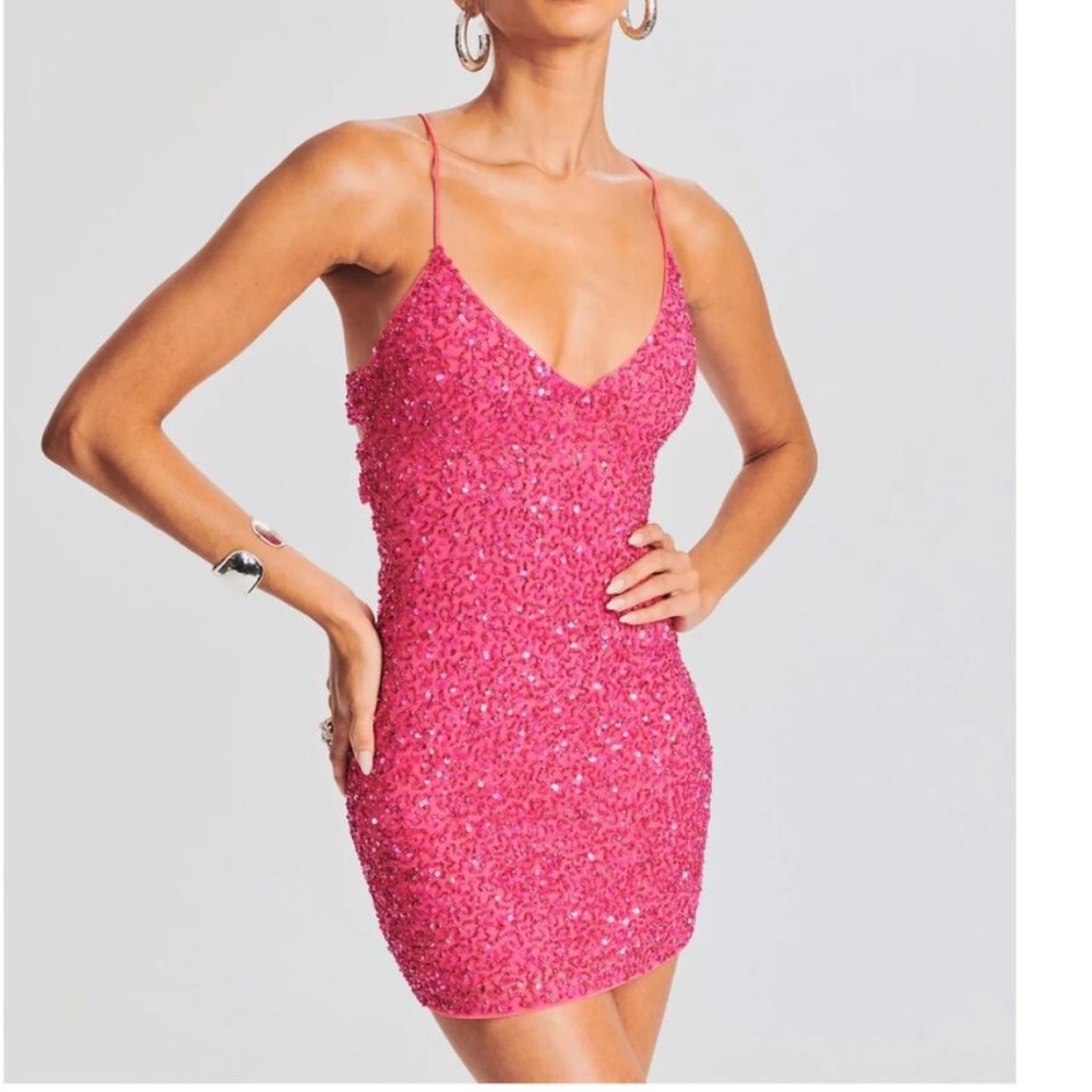 Retrofete Womens Barbiecore Party Sparkly Astrid Sequin Mini Dress XS Neon Pink